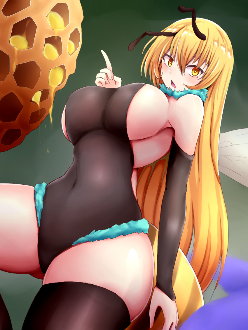 1girl animal_ears antlers bangs bee_girl beehive black_bodysuit black_gloves black_legwear blonde_hair blush bodysuit breasts chestnut_mouth commentary covered_navel elbow_gloves fur_trim gloves highres huge_breasts insect_girl long_hair looking_at_viewer monster_girl open_mouth original raichi_(ddq0246) sideboob sleeveless solo standing tail wings yellow_eyes