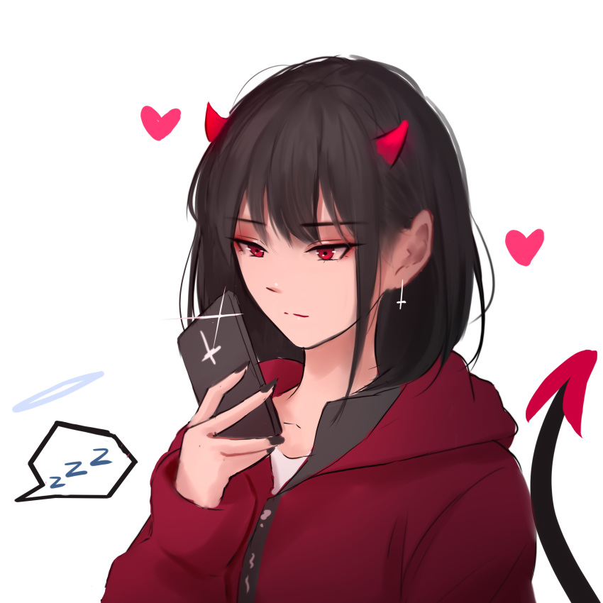 1girl absurdres bangs black_hair closed_mouth collarbone demon_girl demon_horns demon_tail earrings heart highres holding horns jacket jewelry nail_polish original red_eyes red_jacket shimmer simple_background solo tail upper_body white_background