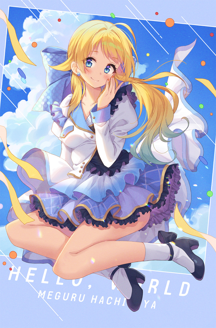 1girl bangs black_footwear blonde_hair blue_eyes blue_hair blue_skirt blush character_name chobi_(penguin_paradise) closed_mouth commentary_request day earrings eyebrows_visible_through_hair frilled_skirt frills full_body gradient_hair hachimiya_meguru hand_up high_heels highres idolmaster idolmaster_shiny_colors jacket jewelry juliet_sleeves long_hair long_sleeves looking_at_viewer multicolored_hair nail_polish pleated_skirt puffy_sleeves red_nails shoes skirt smile socks solo very_long_hair white_jacket white_legwear