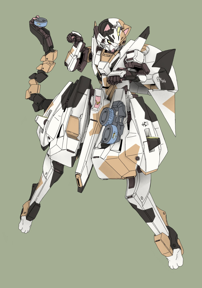 advance_of_zeta can dame_ningen_(paipaipaaipapai) floating green_background gundam highres holding holding_can kemonomimi_mode looking_down mecha mechanical_tail no_humans paw_pose solo tail tr-6_woundwort yellow_eyes