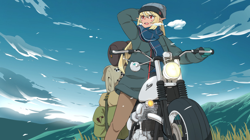 1girl adapted_costume alternate_costume arm_behind_head bag beanie blonde_hair blue_sky breath camping clouds coat cold dark_skin dark-skinned_female day elf engine field grass green_coat ground_vehicle handlebar haow hat headlight highres hill hololive hololive_fantasy kintsuba_(shiranui_flare) long_hair looking_to_the_side motor_vehicle motorcycle mountain mountainous_horizon multicolored_hair outdoors pants pointy_ears red_eyes scarf shiranui_flare sky solo streaked_hair virtual_youtuber wind