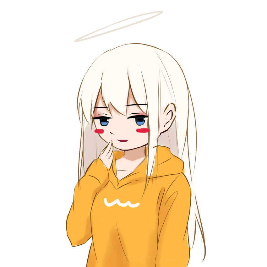 1girl bangs blue_eyes blush_stickers breasts grey_background halo hand_up highres hood hood_down hooded_sweater long_hair long_sleeves looking_at_viewer medium_breasts open_mouth orange_sweater original shimmer simple_background smile smug solo sweater upper_body