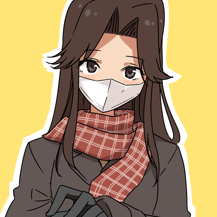 1girl alternate_costume black_gloves brown_coat brown_eyes brown_hair brown_scarf coat commentary_request facial_mask gloves hair_intakes highres jintsuu_(kantai_collection) kantai_collection long_hair looking_at_viewer masukuza_j scarf school_uniform serafuku solo winter_clothes yellow_background