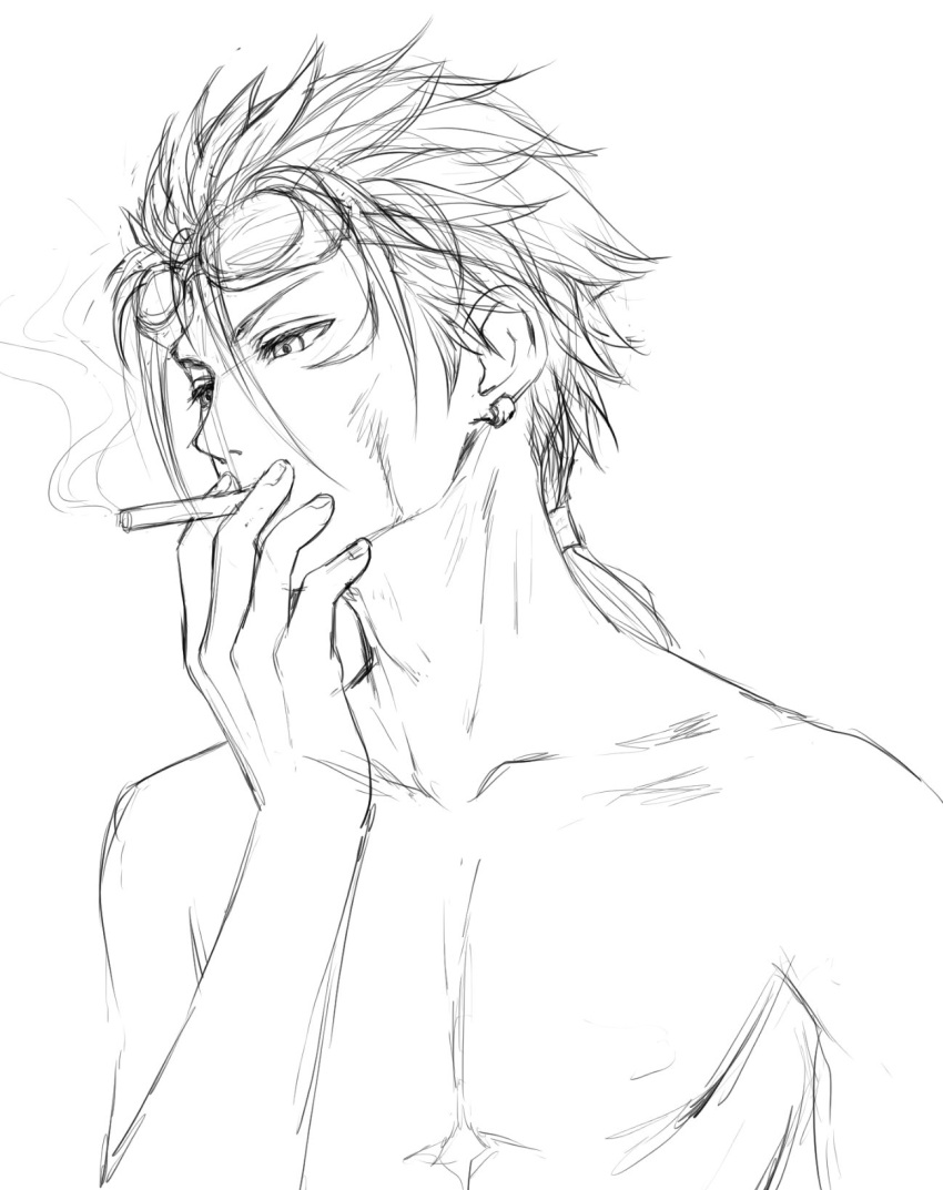 1boy cigarette collarbone earrings final_fantasy final_fantasy_vii final_fantasy_vii_remake goggles goggles_on_head greyscale hand_up highres jewelry male_focus mondi_hl monochrome reno_(ff7) shirtless simple_background sketch smoking solo upper_body