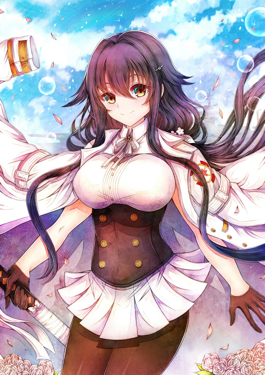 1girl azuma_(azur_lane) azur_lane black_gloves black_hair breasts clouds cloudy_sky cowboy_shot double-breasted flower gloves half_gloves highres holding holding_sword holding_weapon jacket jacket_on_shoulders large_breasts long_hair looking_at_viewer miniskirt pantyhose pleated_skirt sheath sheathed skirt sky smile soda_(sodachuxd) solo sword weapon white_jacket white_skirt yellow_eyes