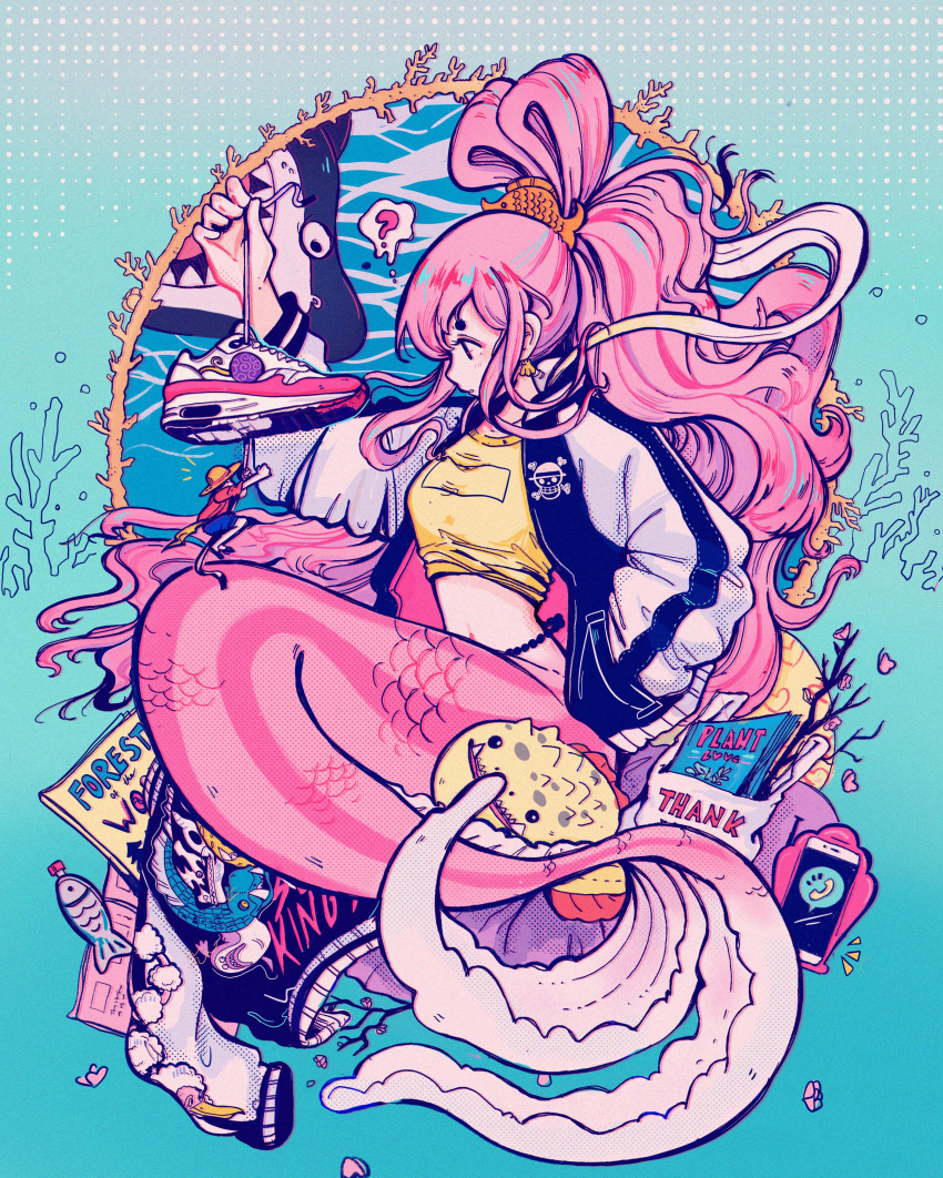 1girl 1other ? absurdres bag blue_shorts coral crisalys crop_top fish hat heart highres holding holding_shoes jacket long_hair long_sleeves mermaid midriff monster_girl navel original petals phone pink_hair print_jacket profile puffy_long_sleeves puffy_sleeves red_shirt scales shirt shoes shorts single_shoe thought_bubble yellow_shirt