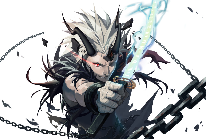 1boy bandaged_hand bandages chain cuffs dungeon_and_fighter electricity fang fur_trim glowing glowing_eye glowing_sword glowing_weapon grey_hair grin hair_slicked_back highres holding holding_sword holding_weapon horns male_focus parted_lips pointy_ears red_eyes runes shackles simple_background smile solo sword torn torn_clothes weapon white_background yi_(826805607)