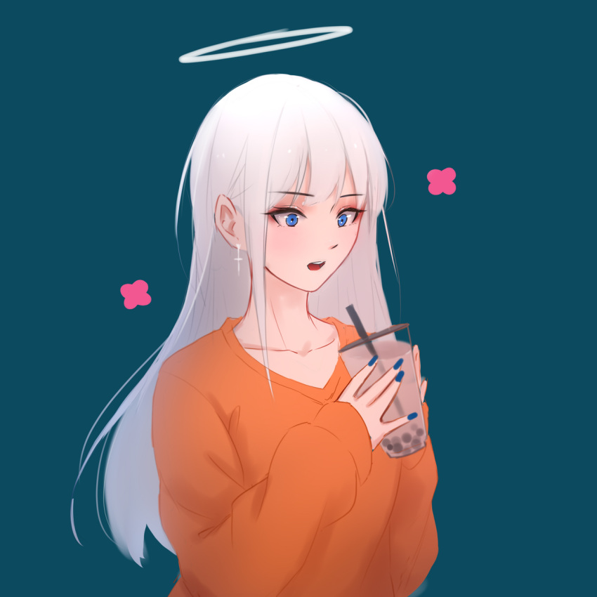 1girl bangs blue_eyes blue_nails bubble_tea collarbone cup disposable_cup drinking_straw earrings hands_up highres holding holding_cup jewelry long_hair long_sleeves nail_polish open_mouth orange_sweater original shimmer simple_background solo sweater upper_body upper_teeth white_hair