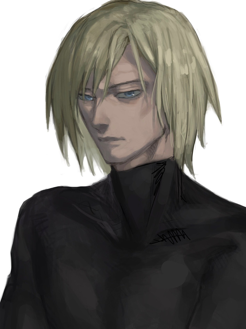 1boy blonde_hair blue_eyes closed_mouth collarbone covered_collarbone hair_between_eyes half-closed_eyes highres kondate_(inugrm) male_focus metal_gear_(series) metal_gear_solid raiden simple_background solo turtleneck upper_body white_background