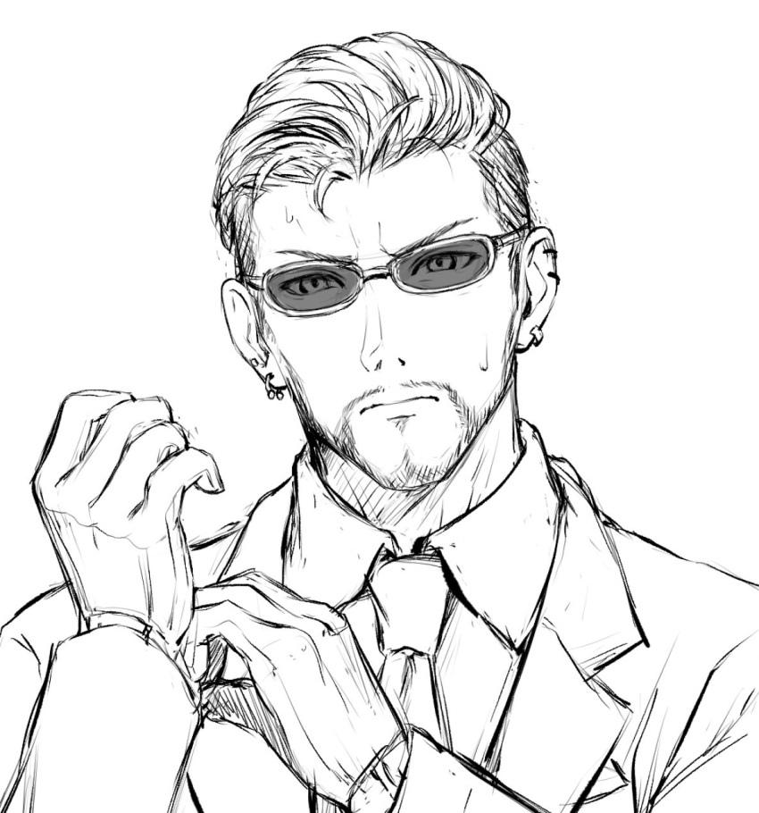 1boy alternate_hair_length alternate_hairstyle beard closed_mouth collared_shirt earrings facial_hair final_fantasy final_fantasy_vii final_fantasy_vii_remake formal glasses gloves greyscale hand_up highres jacket jewelry looking_at_viewer male_focus mondi_hl monochrome necktie rude_(ff7) shirt short_hair sketch solo suit sunglasses upper_body