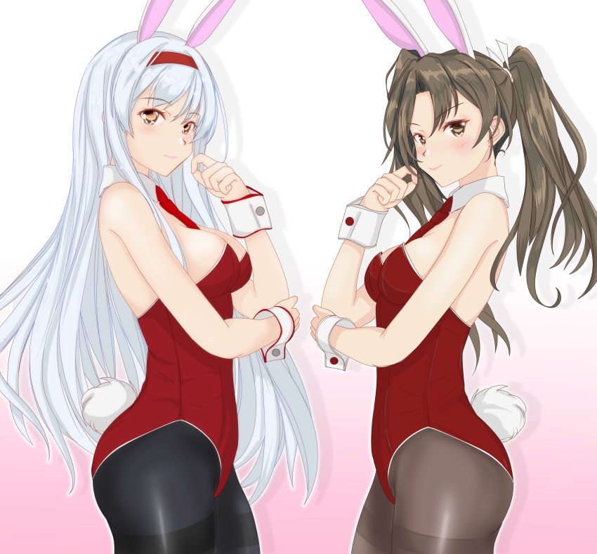 absurdres animal_ears black_legwear brown_eyes bunny_tail commentary_request cowboy_shot detached_collar gradient gradient_background grey_hair highres kantai_collection leotard long_hair necktie nitamago_(sakamalh) pantyhose pink_background playboy_bunny rabbit_ears red_leotard red_neckwear shoukaku_(kantai_collection) strapless strapless_leotard tail thighband_pantyhose twintails white_background white_hair wrist_cuffs zuikaku_(kantai_collection)