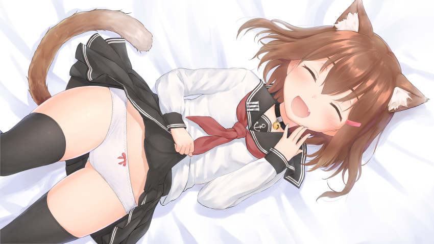 1girl :d ^_^ animal_ear_fluff animal_ears ass_visible_through_thighs black_legwear black_skirt blush bow bow_panties brown_hair cat_ears cat_girl cat_tail closed_eyes commentary_request fang hair_between_eyes hair_ornament hairclip highres ikazuchi_(kantai_collection) kantai_collection kemonomimi_mode lifted_by_self long_sleeves lying open_mouth panties sailor_collar school_uniform serafuku short_hair skirt skirt_lift smile solo tail thigh-highs underwear wamu_(chartreuse) white_panties