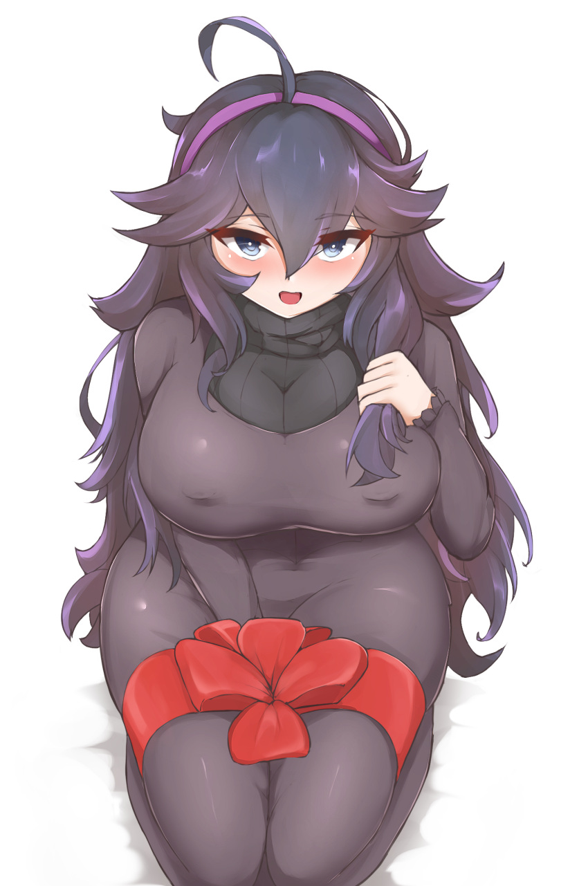 1girl ahoge alternate_breast_size black_hair breasts commentary commentary_request dress gift gift_wrapping hair_between_eyes hairband hex_maniac_(pokemon) highres large_breasts long_hair messy_hair nipples npc_trainer open_mouth pokemon pokemon_(game) pokemon_xy purple_dress purple_hairband red_ribbon ribbed_sweater ribbon seiza sitting solo soveno spiral_eyes sweater thick_thighs thigh-highs thighs turtleneck turtleneck_sweater violet_eyes