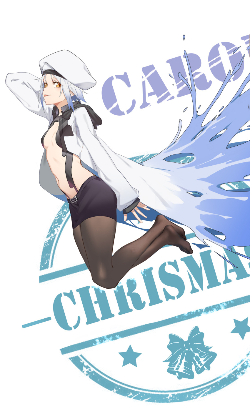 1girl absurdres black_legwear cape character_request cloak feet feet_up guilty_crown hat highres jacket leris_muma long_sleeves looking_at_viewer navel pantyhose revealing_clothes short_hair silver_hair smile thigh-highs white_cloak white_headwear yellow_eyes