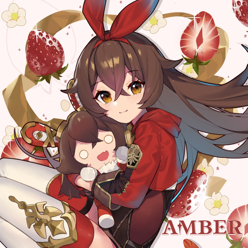 1girl absurdres amber_(genshin_impact) artist_request bangs baron_bunny brown_hair character_name crossed_bangs eyebrows_visible_through_hair flower food fruit genshin_impact gloves hair_between_eyes hairband highres holding holding_stuffed_toy long_hair long_sleeves official_art shrug_(clothing) smile sparkle strawberry stuffed_animal stuffed_bunny stuffed_toy thigh-highs white_legwear yellow_eyes