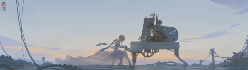 2girls absurdres bare_shoulders blonde_hair closed_eyes clouds commentary_request constellation dress flower gears genshin_impact grand_piano hair_flower hair_ornament halo highres instrument long_image long_scarf looking_at_another lumine_(genshin_impact) multiple_girls music outdoors paimon_(genshin_impact) piano piano_bench playing_instrument playing_piano profile ruins scarf sheer_clothes short_hair short_hair_with_long_locks tagme thigh-highs torch twilight void_0 white_dress white_legwear white_scarf wide_image