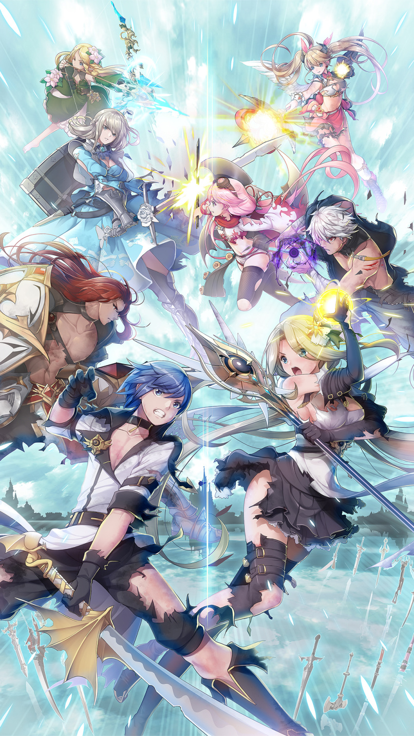 4boys 5girls arrow_(projectile) black_gloves black_legwear bleeding blonde_hair blood blue_eyes blue_hair bow bow_(weapon) braid broken brown_hair cuts dark_skin dark_skinned_male day eye_contact flower gauntlets gloves goggles goggles_on_head gun hair-bow hair_flower hair_ornament hand_up highres holding holding_bow_(weapon) holding_shield holding_staff holding_sword holding_weapon injury koflif long_hair looking_at_another magic midriff multiple_boys multiple_girls navel orb original outdoors pink_bow pink_hair planted_weapon red_eyes redhead shield silver_hair staff sword thigh_strap torn_clothes twintails violet_eyes weapon white_wings wings
