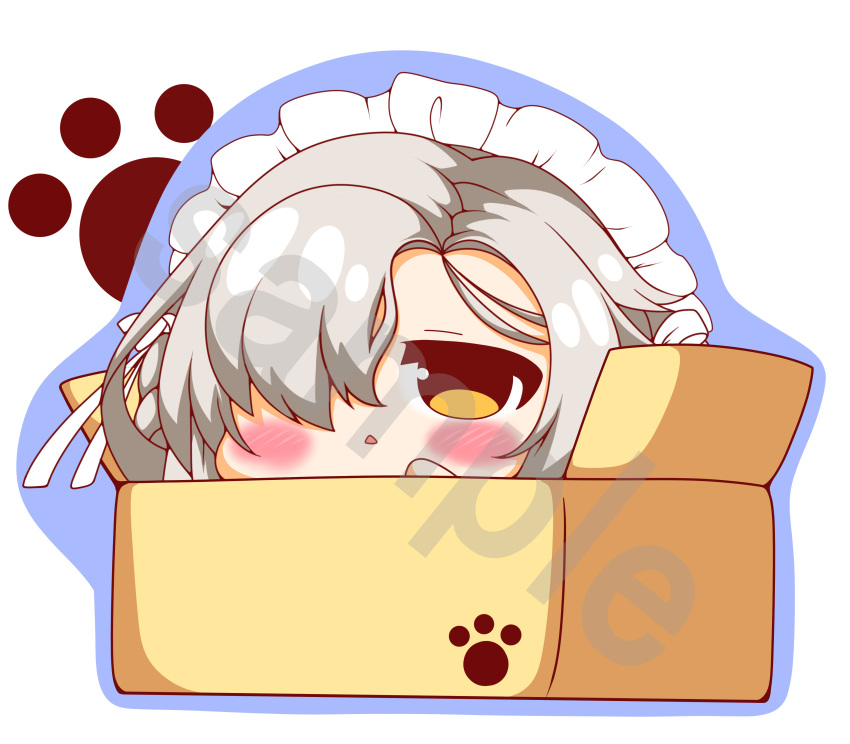 1girl :&lt; absurdres azur_lane bangs big_head blue_outline blush bow box braid brown_eyes cardboard_box chibi grey_hair hair_over_one_eye hand_up highres in_box in_container kurukurumagical maid_headdress outline parted_lips sample sheffield_(azur_lane) solo triangle_mouth watermark white_background white_bow