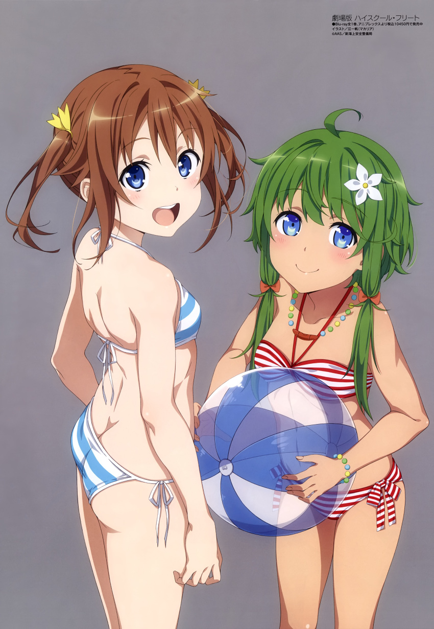 2girls :d absurdres ahoge arms_at_sides ass back ball bangs bare_arms bare_legs bare_shoulders beachball bead_bracelet bead_necklace beads bikini blue_bikini blue_eyes bracelet breasts brown_hair butt_crack closed_mouth collarbone eyebrows_visible_through_hair flat_chest flower grey_background hair_flower hair_ornament hair_ribbon high_school_fleet highres holding holding_ball jewelry long_hair looking_at_viewer looking_to_the_side megami_magazine misaki_akeno multiple_girls navel necklace official_art open_mouth red_bikini ribbon short_hair side-tie_bikini sidelocks simple_background small_breasts smile standing striped striped_bikini susan_reyes swimsuit thighs upper_teeth