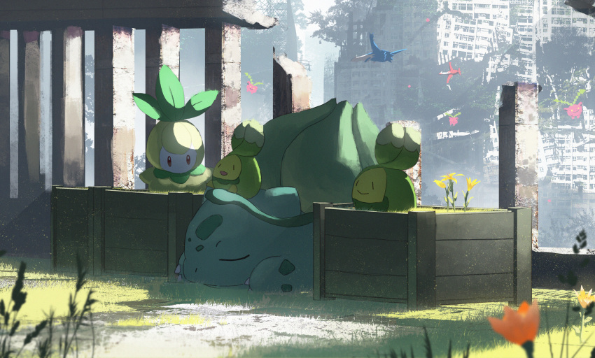 absurdres asteroid_ill budew bulbasaur closed_eyes closed_mouth commentary_request day flower gen_1_pokemon gen_2_pokemon gen_3_pokemon gen_4_pokemon gen_5_pokemon grass highres hoppip huge_filesize latias latios legendary_pokemon light_smile lying no_humans on_stomach outdoors petilil pokemon pokemon_(creature) post-apocalypse ruins sleeping yellow_flower