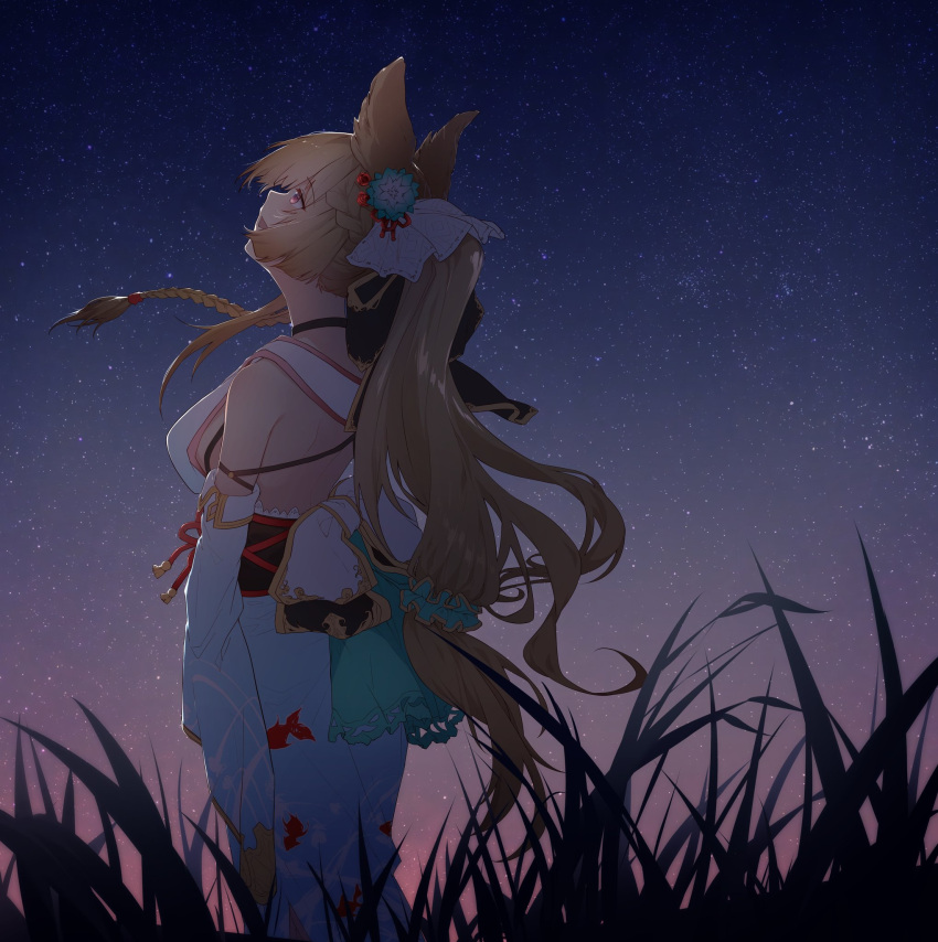 1girl aeror animal_ears backless_outfit braid breasts erune from_behind granblue_fantasy highres japanese_clothes kimono long_hair looking_up night night_sky pink_eyes ponytail sideboob sky yuisis_(granblue_fantasy) yukata