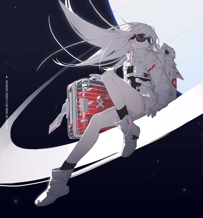 1girl ankle_boots backpack bag boots briefcase english_commentary gloves goggles highres jacket jacknife long_hair original saturn_(planet) sitting solo space spacesuit white_gloves white_hair white_jacket