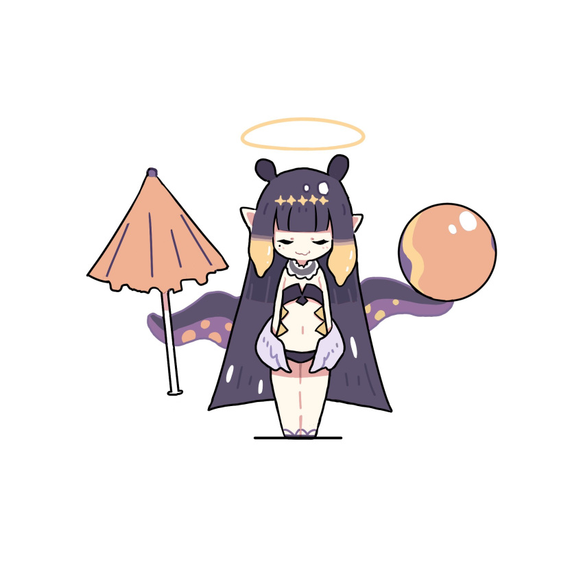 1girl adapted_costume ball beachball black_hair chibi closed_eyes flat_chest halo highres holding holding_umbrella hololive hololive_english long_hair mini_wings navel ninomae_ina'nis pointy_ears solo standing swimsuit takeru_(hashiru11275) tentacle_hair tentacles umbrella very_long_hair virtual_youtuber white_background