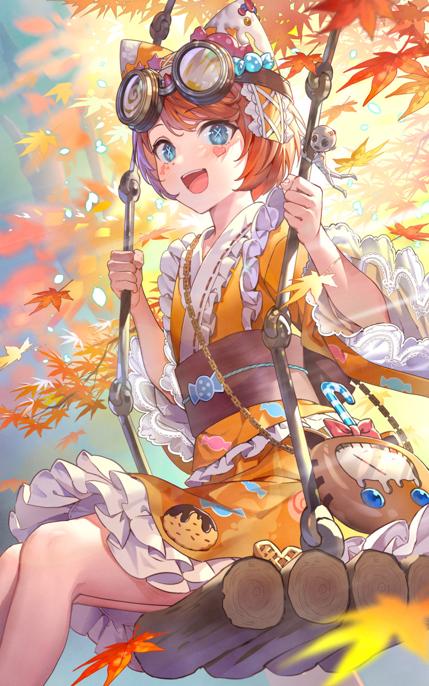 1girl :d autumn_leaves bag blue_eyes blush brown_hair chain commentary_request facial_mark feet_out_of_frame frilled_kimono frills goggles goggles_on_head hat heart highres identity_v japanese_clothes kimono leaf long_sleeves looking_at_viewer maple_leaf obi open_mouth orange_headwear orange_kimono ribbon-trimmed_kimono sash short_hair shoulder_bag sitting smile solo swing teffish tracy_reznik upper_teeth wide_sleeves