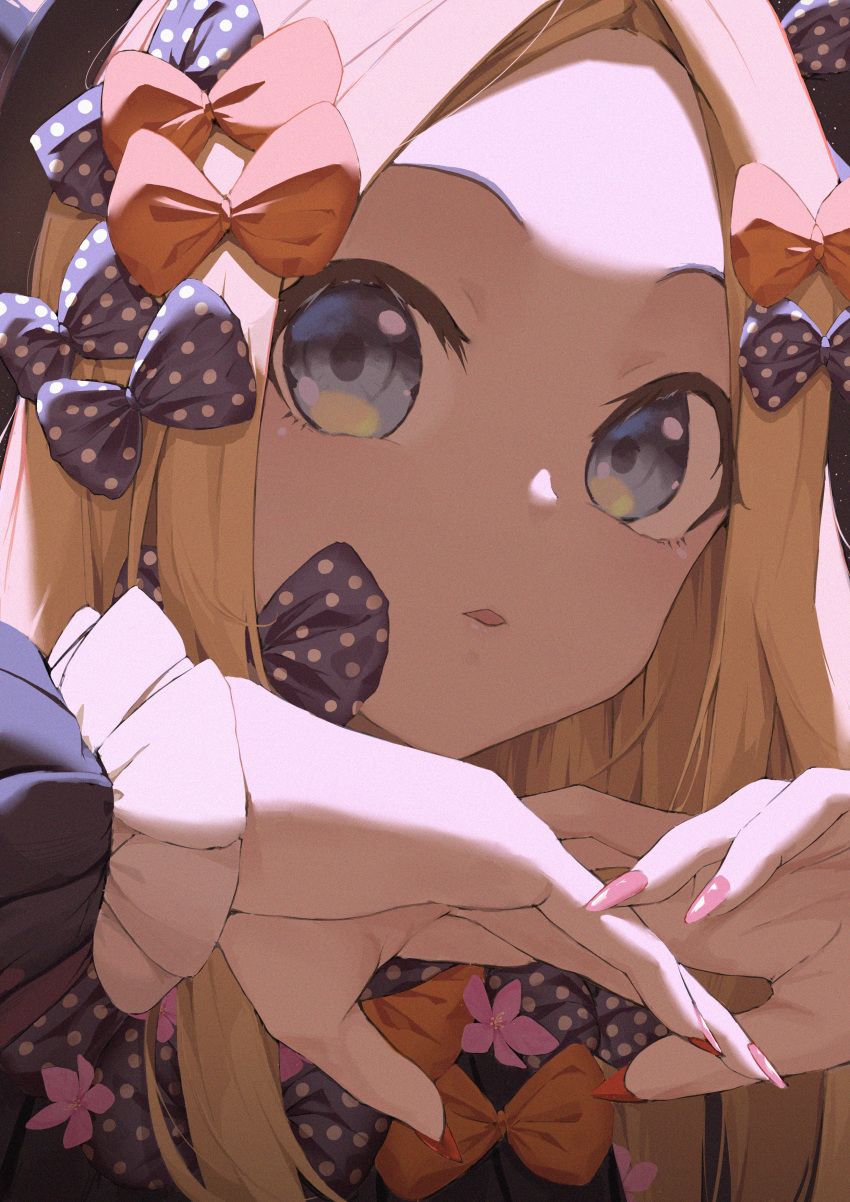 1girl abigail_williams_(fate/grand_order) absurdres bangs black_bow blonde_hair blue_eyes blush bow bowtie close-up commentary_request face fate/grand_order fate_(series) fingernails forehead hair_bow hands_up highres huge_filesize long_fingernails long_hair long_sleeves looking_at_viewer multiple_bows multiple_hair_bows orange_bow parted_bangs pink_nails polka_dot polka_dot_bow smile solo starlan