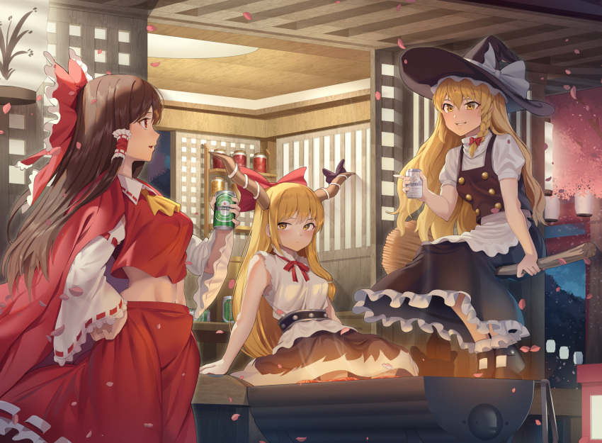 3girls :d alcohol apron ascot beer black_headwear black_skirt black_vest blonde_hair blush bow braid breasts broom broom_riding brown_hair can cape collared_shirt cowboy_shot crop_top detached_sleeves double-breasted frilled_skirt frilled_sleeves frills from_side full_body goback grin hair_between_eyes hair_bow hair_tubes hakurei_reimu hat hat_bow highres holding holding_can horn_bow ibuki_suika kirisame_marisa long_hair long_skirt looking_at_another medium_breasts midriff multiple_girls navel night nontraditional_miko oni open_mouth outdoors petals pointing_at_another red_bow red_cape red_eyes red_shirt red_skirt ribbon-trimmed_collar ribbon-trimmed_skirt ribbon-trimmed_sleeves ribbon_trim shirt short_sleeves single_braid sitting skirt sleeveless sleeveless_shirt smile torn_clothes torn_shirt touhou very_long_hair vest waist_apron white_apron white_bow white_shirt witch witch_hat yellow_eyes yellow_neckwear
