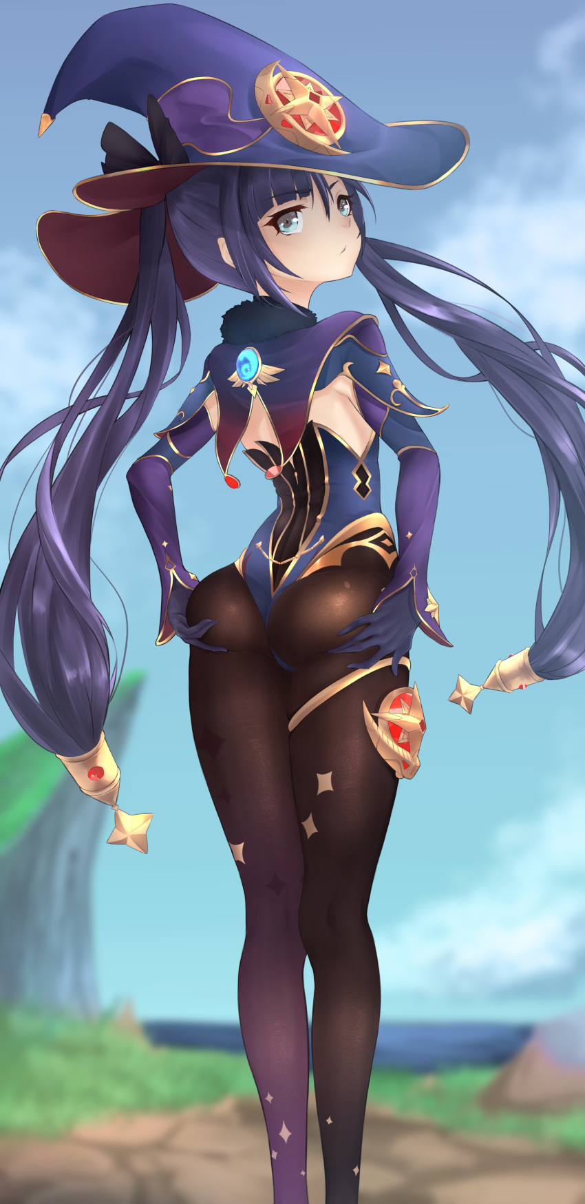 1girl absurdres ass_support blue_eyes commentary_request from_behind genshin_impact hat highres legs long_hair long_legs looking_at_viewer looking_back mona_(genshin_impact) ningmeng_fengmi pantyhose purple_hair sky solo thighs witch_hat