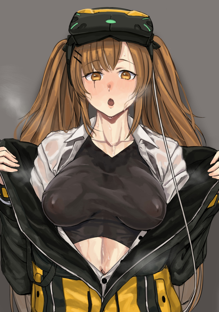 1girl absurdres blush bodysuit breasts brown_eyes brown_hair collarbone eyebrows_visible_through_hair eyewear_on_head girls_frontline grey_background highres jacket kuro_(zhurunbo1997) long_hair looking_at_viewer neck open_clothes open_jacket open_mouth open_shirt scar scar_across_eye shirt solo sweat sweatdrop twintails ump9_(girls_frontline) wet wet_clothes wet_shirt white_shirt