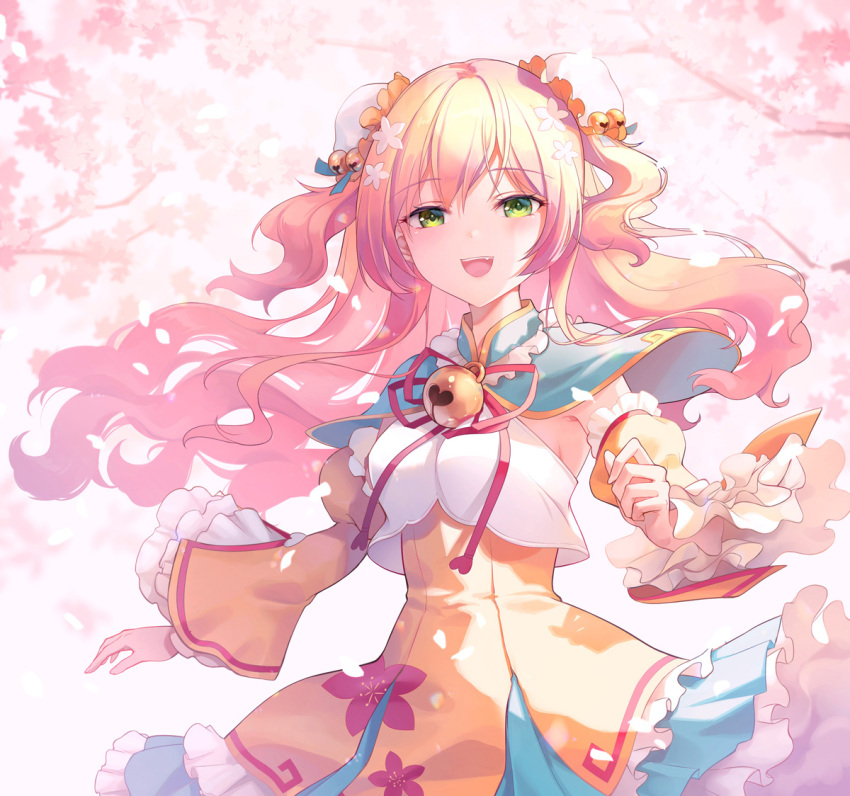 1girl bell blonde_hair blue_dress branch bun_cover capelet cherry_blossoms chocofox cowboy_shot day double_bun dress floral_print flower frilled_dress frilled_sleeves frills gradient green_eyes hair_flower hair_ornament half-closed_eyes hololive jacket jingle_bell long_hair looking_at_viewer mixed-language_commentary momosuzu_nene open_mouth outdoors pink_hair smile solo tree very_long_hair virtual_youtuber wavy_hair white_background yellow_jacket