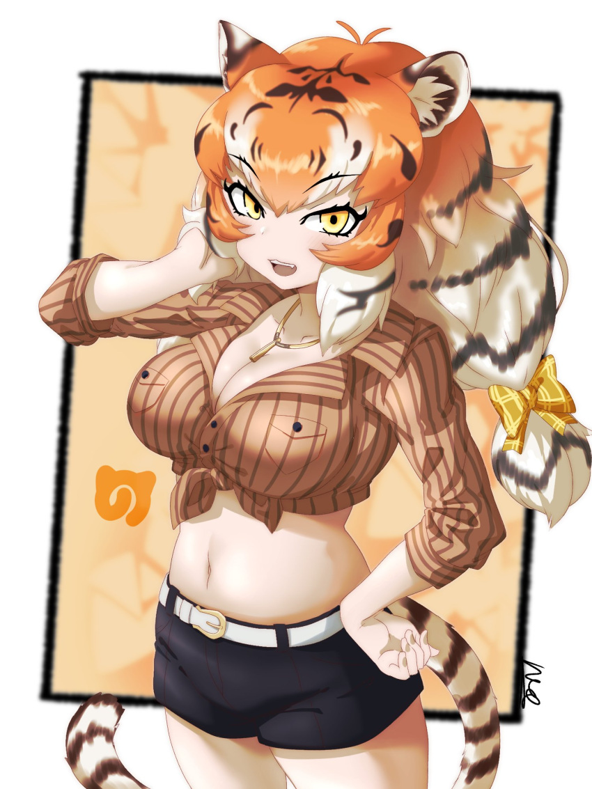 alternate_costume belt black_hair blush bow collarbone commentary_request cowboy_shot crop_top denim denim_shorts eyebrows_visible_through_hair fang hair_bow highres jewelry kemono_friends kemono_friends_3 long_hair midriff multicolored_hair navel necklace open_mouth orange_hair sekitsuki_hayato shirt short_shorts short_sleeves shorts siberian_tiger_(kemono_friends) striped striped_shirt tail tied_shirt twintails white_belt white_hair yellow_eyes