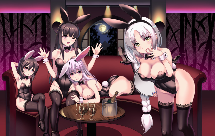 4girls alcohol animal_ears bangs black_hair black_legwear black_leotard blunt_bangs bow bowtie braid brown_eyes bucket bunny_tail champagne champagne_bottle champagne_flute commentary_request couch cup detached_collar douji drinking_glass full_moon grey_eyes highres houraisan_kaguya inaba_tewi leotard light_purple_hair long_hair looking_at_viewer lying moon multiple_girls on_stomach playboy_bunny rabbit_ears red_eyes reisen_udongein_inaba short_hair silver_hair single_braid sitting strapless strapless_leotard tail thigh-highs touhou very_long_hair window wrist_cuffs yagokoro_eirin