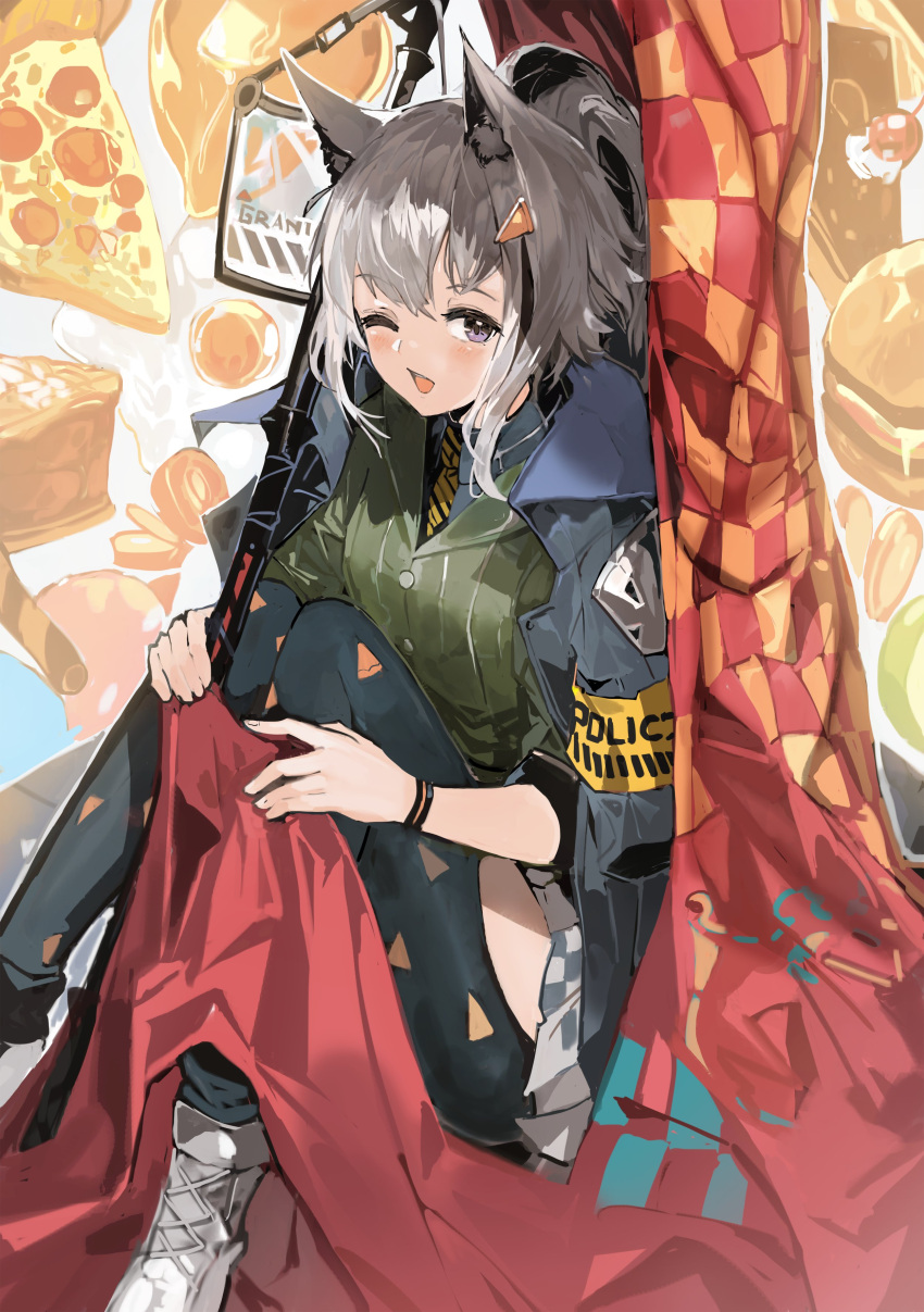 1girl absurdres alchemaniac animal_ear_fluff animal_ears arknights bangs commentary eyebrows_visible_through_hair grani_(arknights) grani_(miraculous_moment)_(arknights) green_shirt grey_eyes grey_jacket highres hip_vent jacket jacket_on_shoulders knees_up looking_at_viewer pizza_slice shirt short_hair silver_hair sitting solo
