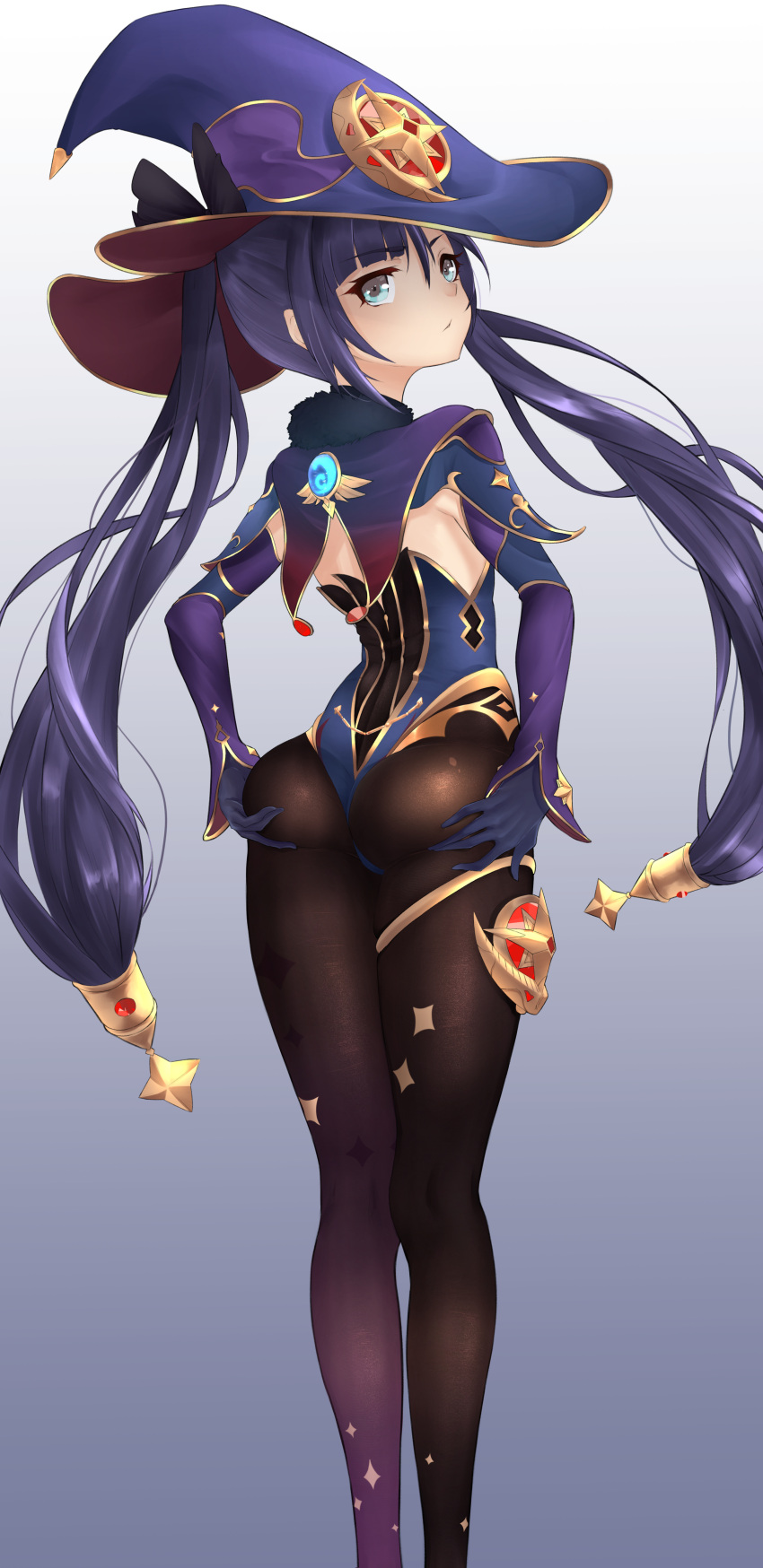 1girl absurdres ass_support blue_eyes commentary_request from_behind genshin_impact gradient gradient_background grey_background hat highres legs long_hair long_legs looking_at_viewer looking_back mona_(genshin_impact) ningmeng_fengmi pantyhose purple_hair solo thighs witch_hat