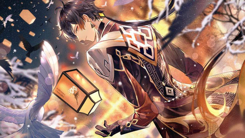 1boy bangs bird bird_wings black_gloves black_hair blurry blurry_background brown_hair closed_mouth dove feathered_wings feathers floating floating_object formal genshin_impact gloves jacket jewelry lantern lantern_festival long_hair long_sleeves looking_at_viewer male_focus multicolored_hair night night_sky ponytail qing single_earring sky solo star_(sky) starry_sky suit wings yellow_eyes zhongli_(genshin_impact)