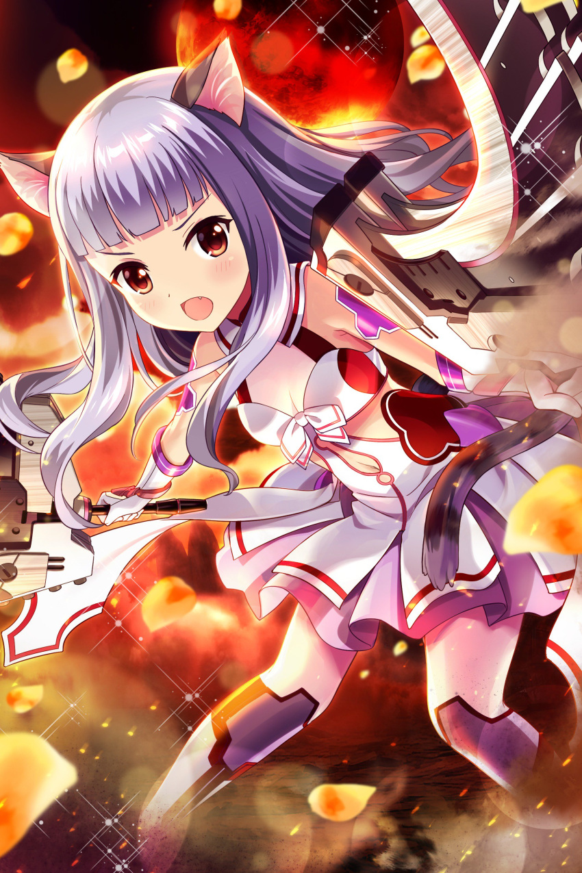 1girl absurdres alternative_girls animal_ears cat_ears cat_tail dress fang fighting_stance full_moon gloves highres hiiragi_tsumugi holding holding_weapon long_hair looking_at_viewer moon official_art open_mouth red_eyes red_moon silver_hair solo tail weapon white_dress white_gloves
