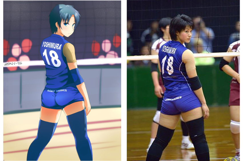3girls ass black_eyes black_hair black_legwear blue_eyes blue_legwear blue_shirt blue_shorts bracer closed_mouth clothes_writing comparison from_behind highres looking_at_viewer looking_back multiple_girls multiple_views number real_life reference_photo shirt short_sleeves shorts solo_focus sportswear standing thigh-highs volleyball volleyball_uniform yoshimura_shiho z666ful