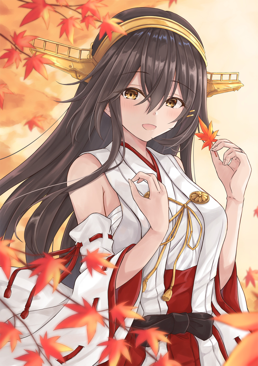 1girl :d bare_shoulders black_hair blush brown_eyes detached_sleeves eyebrows_visible_through_hair gensoukitan hair_between_eyes hair_ornament hairband hairclip haruna_(kantai_collection) headgear highres holding holding_leaf japanese_clothes kantai_collection leaf long_hair maple_leaf nontraditional_miko open_mouth pleated_skirt red_skirt remodel_(kantai_collection) ribbon-trimmed_sleeves ribbon_trim skirt smile solo wide_sleeves