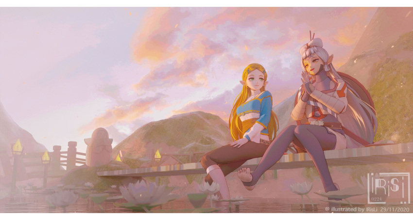 2girls absurdres blonde_hair forehead_tattoo hair_bun hair_ornament hair_stick hands_together highres hyrule_warriors:_age_of_calamity impa irisl long_hair looking_at_another multiple_girls pointy_ears princess_zelda silver_hair smile soaking_feet the_legend_of_zelda the_legend_of_zelda:_breath_of_the_wild toeless_legwear very_long_hair water