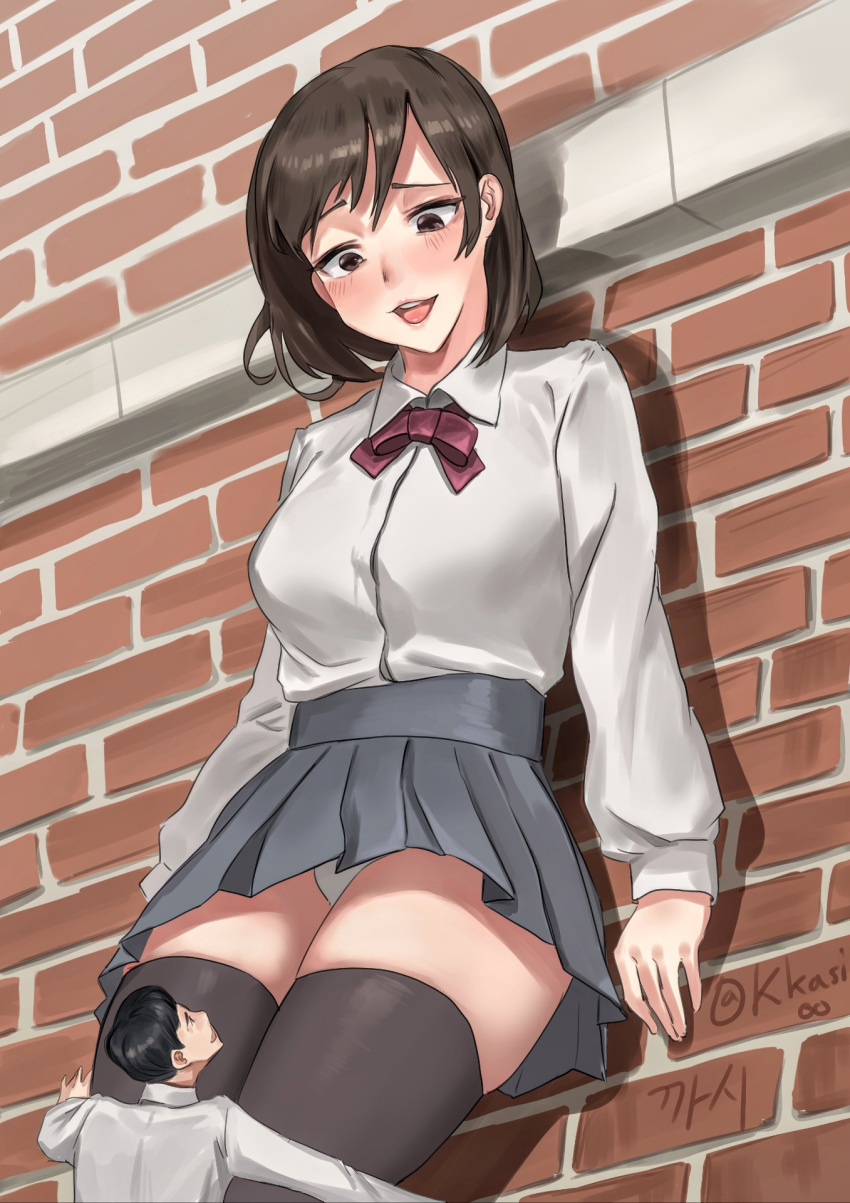1boy 1girl against_wall black_hair bow brick_wall brown_eyes brown_hair giantess height_difference highres kkasi00 korean_commentary looking_down looking_up original panties red_bow red_ribbon ribbon school_uniform shirt short_hair skirt tall_female thigh-highs thighs underwear wall_slam white_panties white_shirt