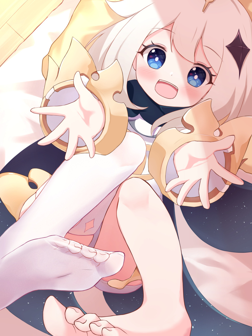 1girl absurdres asymmetrical_legwear bitseon blue_eyes blush cape dress genshin_impact hair_between_eyes halo highres looking_at_viewer no_shoes open_mouth paimon_(genshin_impact) scarf short_hair soles white_dress white_hair