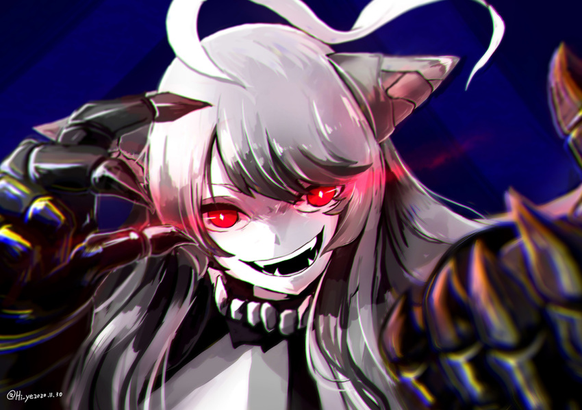 1girl abyssal_ship dated gauntlets glowing glowing_eyes hi_ye horns kantai_collection long_hair looking_at_viewer new_battleship_princess open_mouth pale_skin portrait reaching_out red_eyes solo twitter_username white_hair