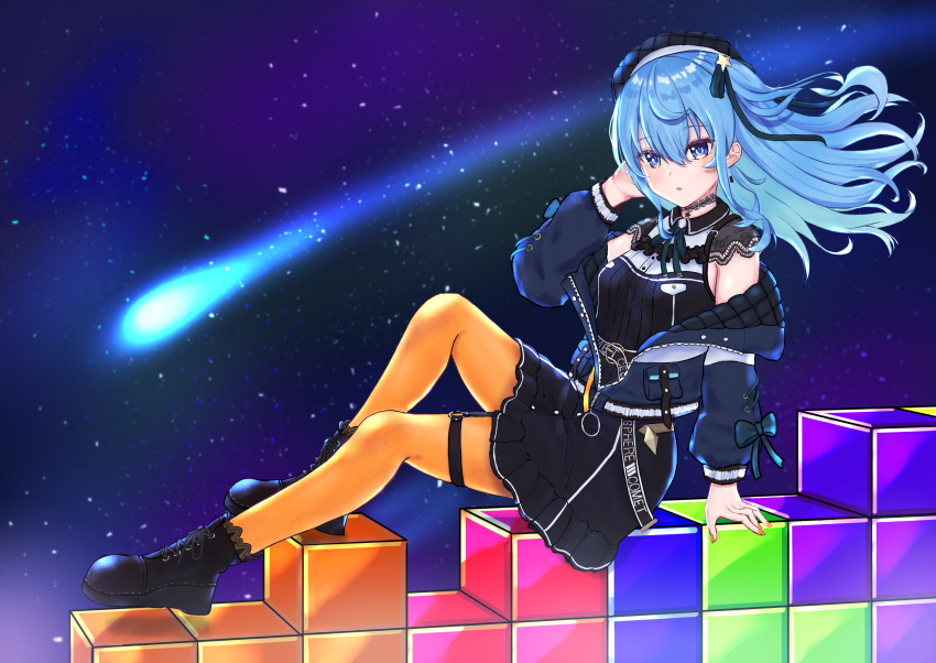 1girl absurdres ahoge arm_support beret black_skirt block blue_coat blue_eyes blue_hair boots choker coat comet commentary_request fingernails fue_(lars0713) full_body hand_in_hair hat highres hololive hoshimachi_suisei jacket knee_up lace lace_choker looking_at_viewer nail_polish off-shoulder_coat open_clothes open_jacket orange_legwear orange_nails padded_coat parted_lips side_ponytail skirt solo space starry_background tetris thigh_strap virtual_youtuber wavy_hair wind