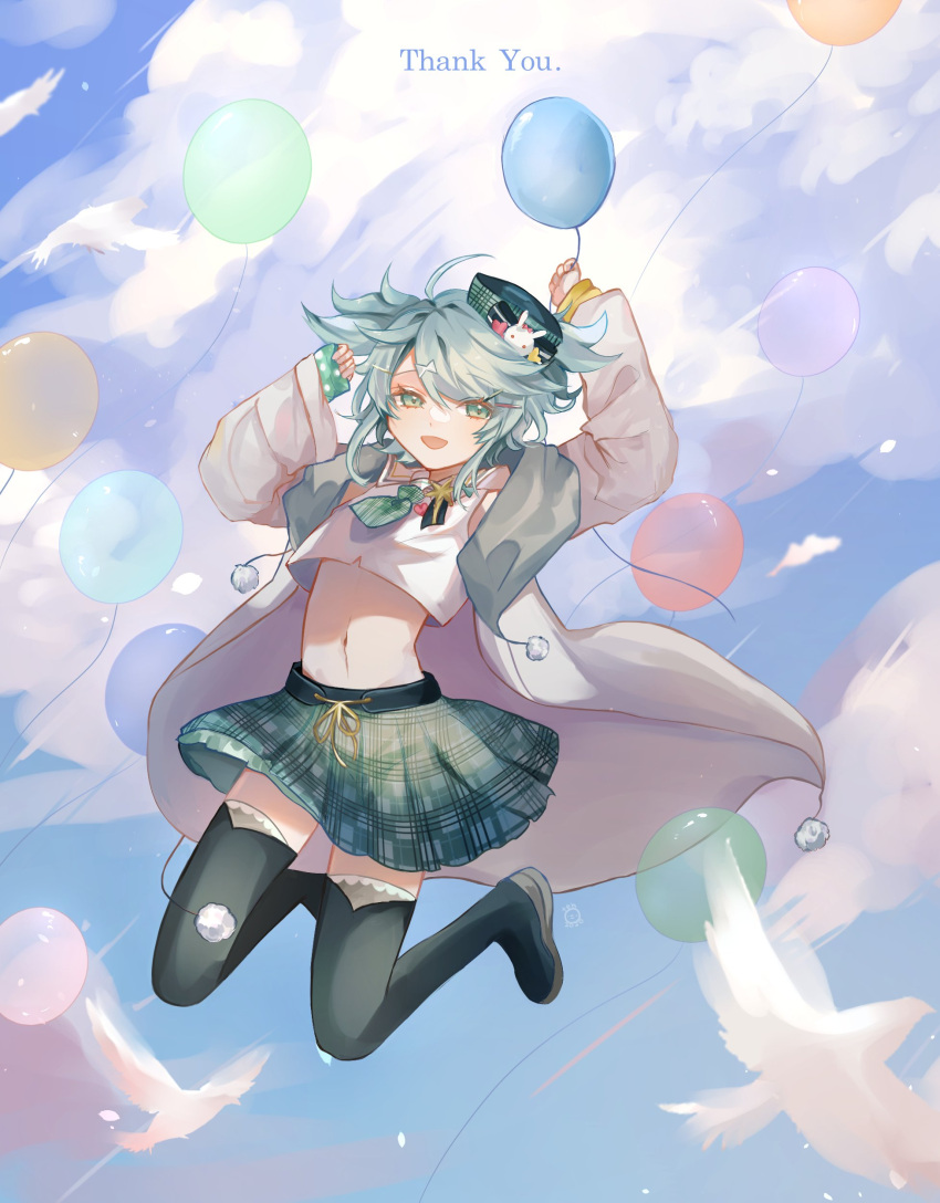 1boy :d absurdres ahoge balloon black_legwear blue_sky blush boots clouds crop_top floating full_body green_eyes green_hair hair_ornament hairclip hat hat_pin highres holding holding_balloon holostars jacket kagami_kira long_sleeves looking_at_viewer male_focus midriff navel necktie open_mouth otoko_no_ko pleated_skirt pom_pom_(clothes) skirt sky smile solo tehnyo thigh-highs thigh_boots virtual_youtuber