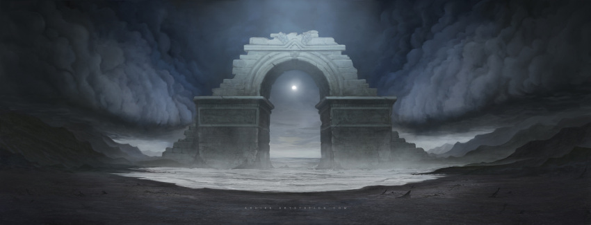 arch architecture arhiee artist_name clouds cloudy_sky commentary commission crack cracked_wall dark english_commentary fog highres light light_rays moon no_humans original outdoors ruins scenery sky watermark web_address