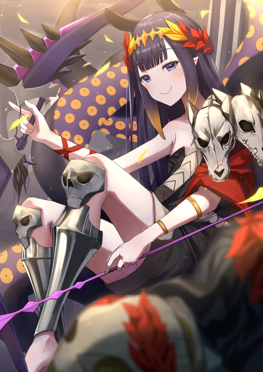 1girl absurdres animal_skull arrow_(projectile) bangs barefoot black_footwear blunt_bangs blurry bow_(weapon) cosplay depth_of_field flat_chest flygoniq hades hades_(cosplay) hades_(game) highres holding holding_arrow holding_bow_(weapon) holding_weapon hololive hololive_english knee_pads knees_up laurel_crown looking_at_viewer mole mole_under_eye ninomae_ina'nis pillar pointy_ears purple_hair sabaton sidelocks sitting skull smile solo tentacle_hair tentacles weapon