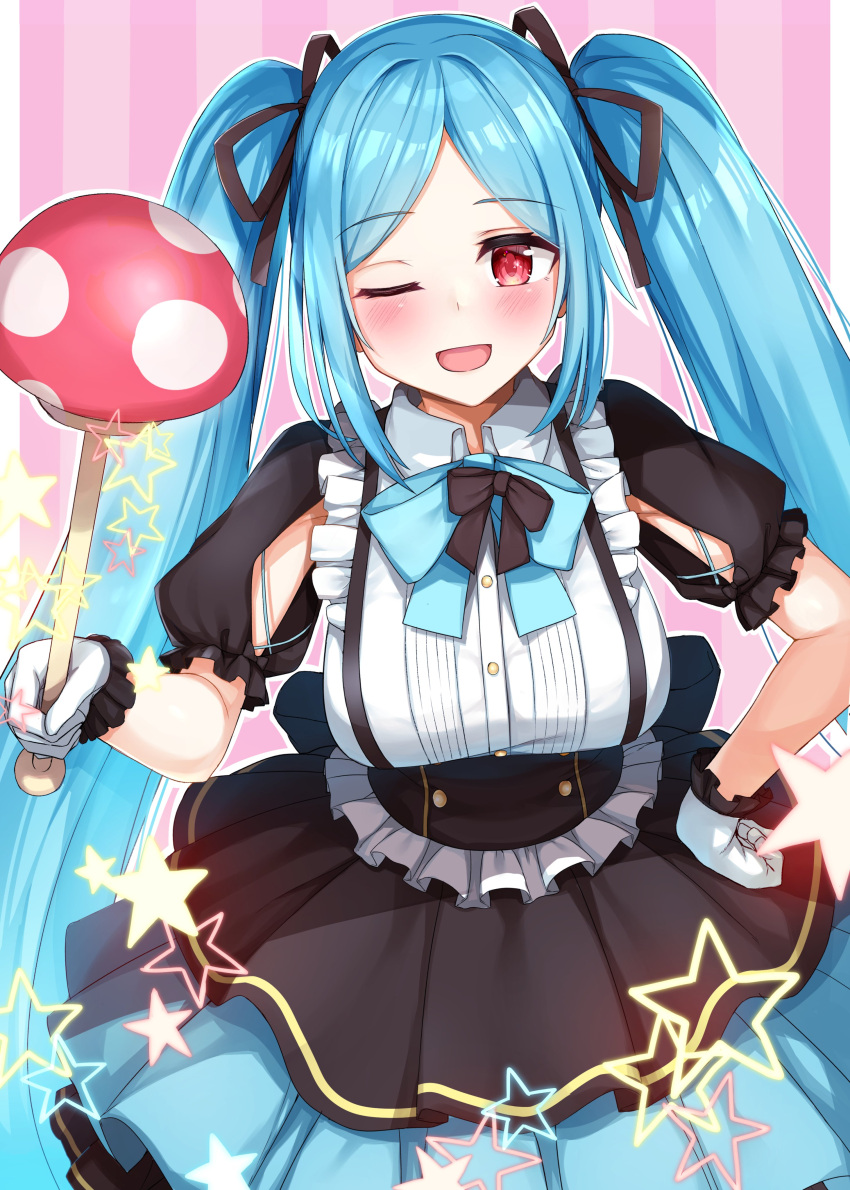 .live 1girl absurdres alternate_costume alternate_hairstyle blue_hair breasts chausson commentary_request gloves hair_ornament highres large_breasts looking_at_viewer one_eye_closed open_mouth red_eyes ribbon simple_background solo twintails virtual_youtuber wand yamato_iori